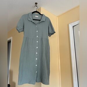 Roolee Sage Green 100% Cotton Button-Up Dress w/ Pockets